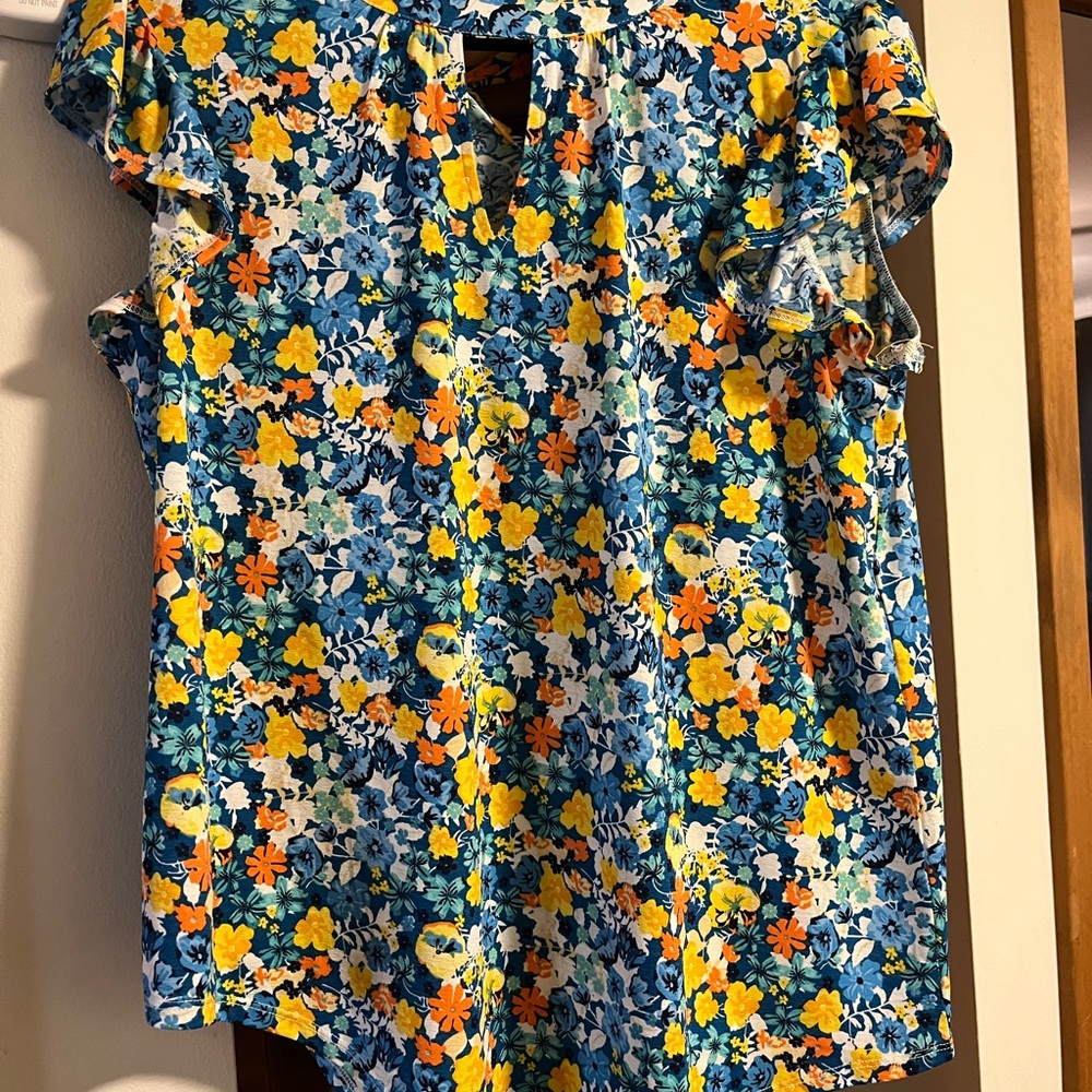 Cato Blue and Yellow Flutter Sleeve Blouse